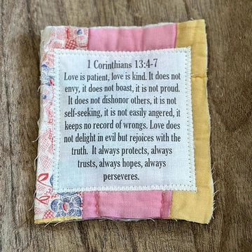 Handmade Prayer Quilt with Cross Inside (1 Corinthians 13:4-7)